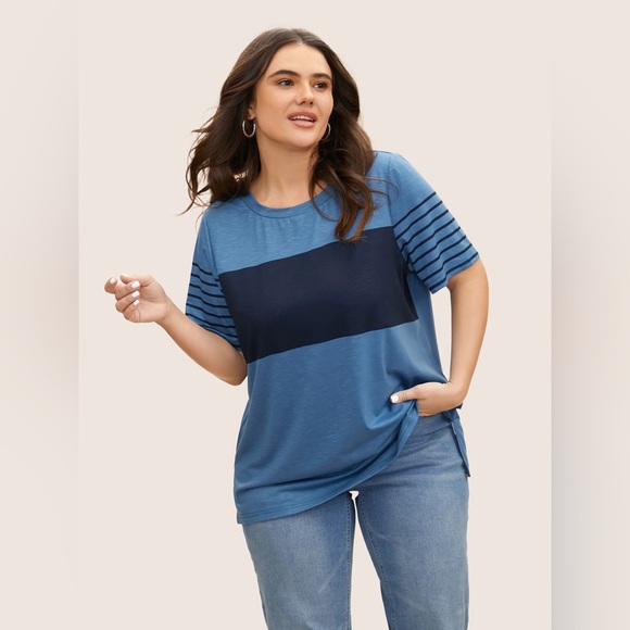 BloomChic | Striped Patch Work Contrast T-Shirt - Picture 2 of 7